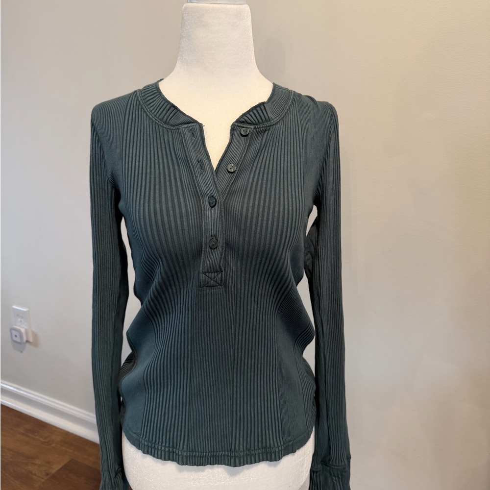 aerie Ribbed Henley Long Sleeve Top in Teal size Small